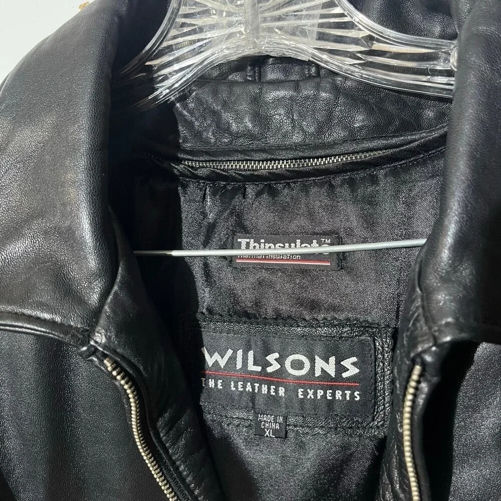 Wilson's Leather Thinsulate Black Belted Coat Jacket Collared Biker Mens Size XL
